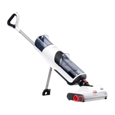 Aspirador vertical sem fios branco e preto com partes vermelhas