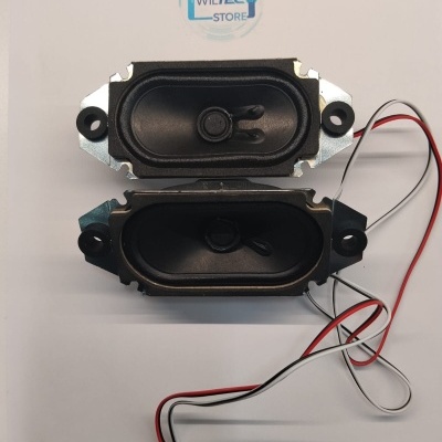 Dois altifalantes retangulares negros com armações metálicas e fios vermelho, preto e branco