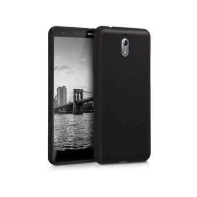 Capa protetora preta para smartphone com imagem em preto e branco no ecrã.