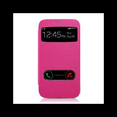 Capa de smartphone rosa com janelas transparentes mostrando ecrã e ícones de chamada.