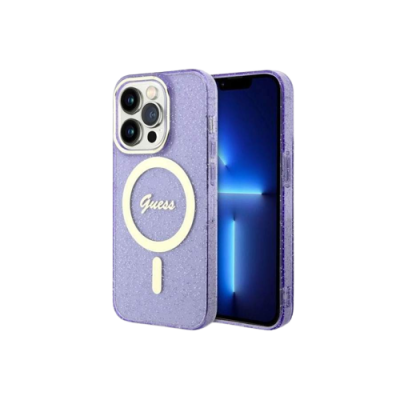 Capa lilás para smartphone com detalhe circular branco e texto Guess