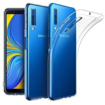 Smartphone Samsung azul com capa transparente flexível