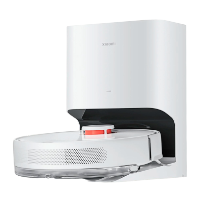 Robô aspirador de pó branco Xiaomi com estação de carregamento branca