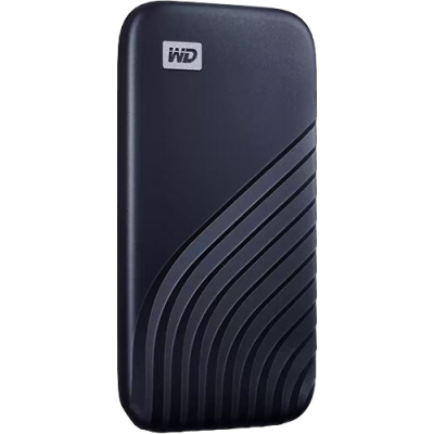 Disco rígido externo portátil preto com logótipo WD e textura em relevo