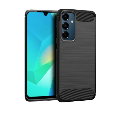 Smartphone com capa protetora preta texturada e ecrã frontal colorido