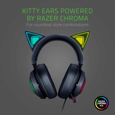 Auriculares pretos com orelhas de gato iluminadas em verde e amarelo sobre fundo cinzento