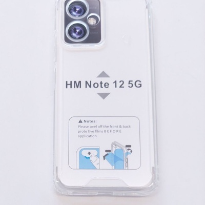 Smartphone HM Note 12 5G com capa transparente e instruções visíveis.