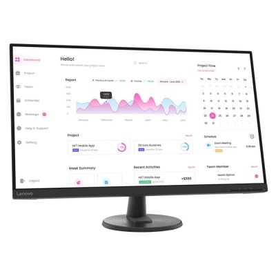 Monitor Lenovo preto com ecrã de gráficos e calendário