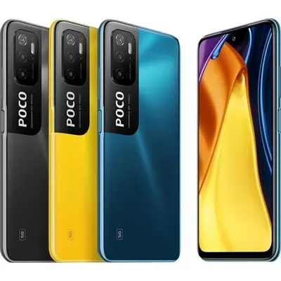 Smartphones POCO em preto, amarelo e azul com câmaras triplas e logotipo POCO