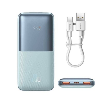 Carregador portátil power bank azul claro e cinza com ecrã digital e cabo USB branco