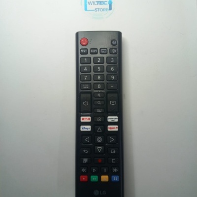 Comando à distância LG preto com botões e logótipos de plataformas de streaming