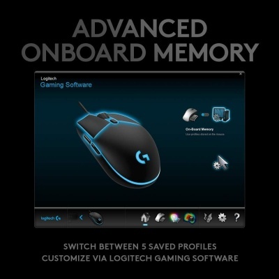 Interface de software Logitech Gaming mostrando um rato preto com iluminação azul e texto sobre memória onboard avançada.