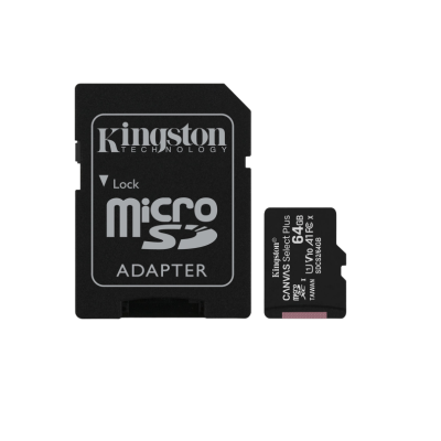 Cartão microSD Kingston e adaptador SD preto com texto branco