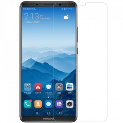 Smartphone Huawei com fundo de montanhas e película protetora transparente ao lado