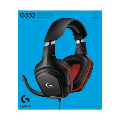 Caixa azul com auscultadores de gaming preto e vermelho Logitech G332