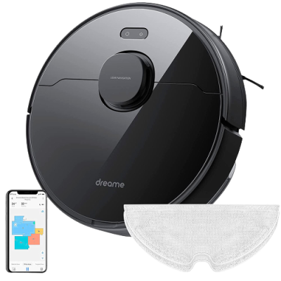 aspirador robô preto com telefone e pano de limpeza