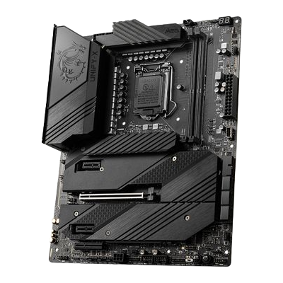 Placa-mãe preta com dissipadores em cinza escuro e texto VISIT MSi COM