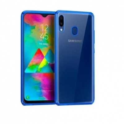 Smartphone Samsung azul com ecrã colorido e câmara dupla na parte traseira