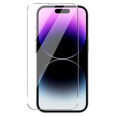 Smartphone com padrão roxo e azul no ecrã com película protetora transparente