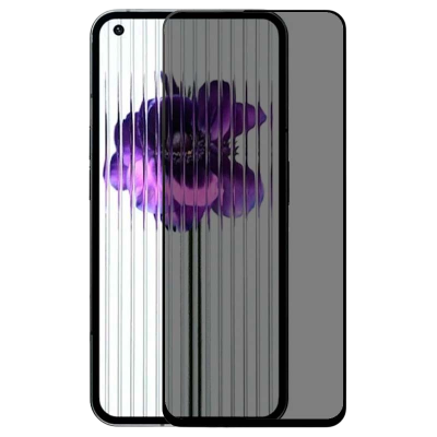 Smartphone com ecrã mostrando flor roxa e película protetora escura