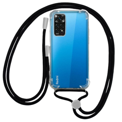 Smartphone azul com capa transparente e cordão preto com ajustador branco