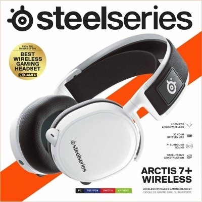 Auscultadores sem fios para jogos SteelSeries Arctis 7+ Wireless, branco e preto