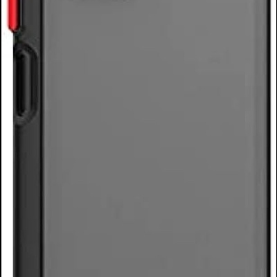 Smartphone Redmi cinzento com capa preta e botões vermelhos