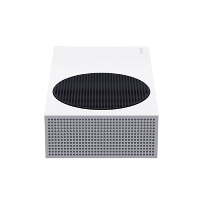 Consola de videojogo branca vista de frente com ventilação circular preta