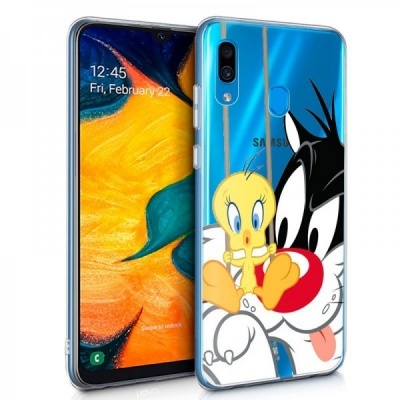 Smartphone Samsung com capa transparente decorada com personagens de desenho