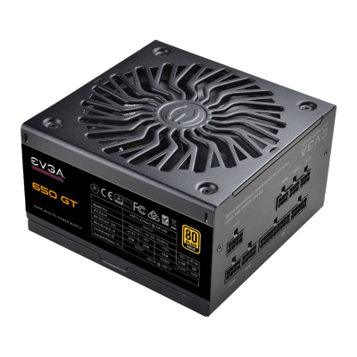 Fonte de alimentação EVGA 650 GT preta com ventoinha e etiquetas técnicas