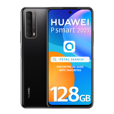 Smartphone Huawei P smart 2021 preto com ecrã colorido e múltiplas câmaras traseiras