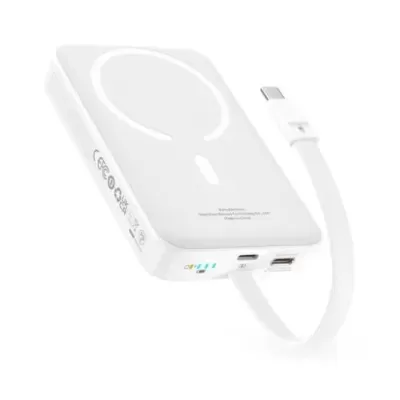 Carregador portátil branco com porta USB e cabo USB-C integrado