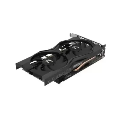 Placa gráfica GeForce GTX preta com duas ventoinhas e detalhes em cobre