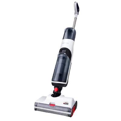 aspirador vertical sem fio preto, branco e cinzento com depósito transparente e detalhes vermelhos