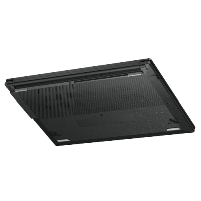 Parte inferior de portátil preto com grelhas de ventilação e etiqueta branca