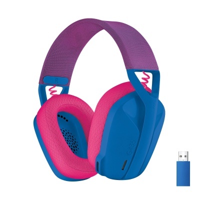Auriculares wireless azuis com almofadas cor-de-rosa e faixa cor-de-roxo, com transmissor USB azul