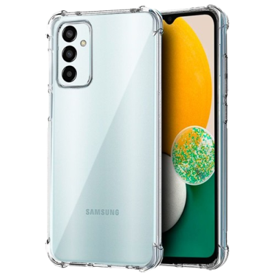 Telemóvel Samsung branco com capa transparente mostrando a frente e a traseira.