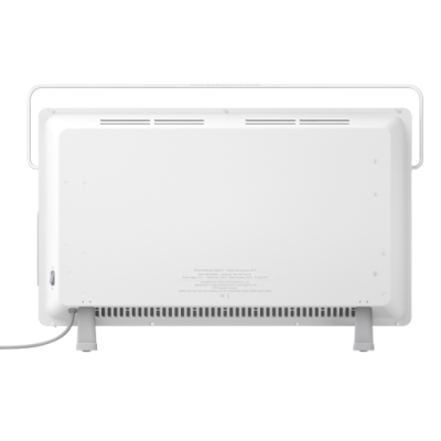 Radiador elétrico branco visto de trás com pés de apoio cinza