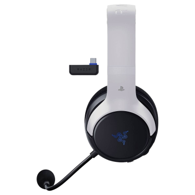 Headset gaming branco e preto com microfone e dispositivo USB