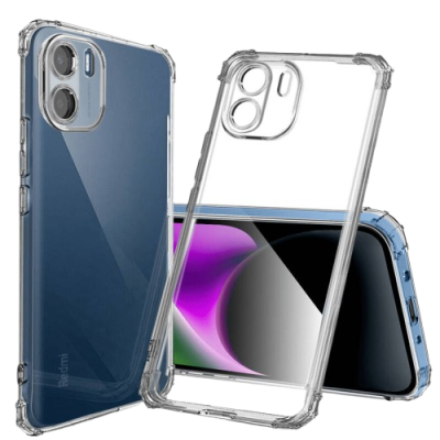 Capa transparente para smartphone com bordas reforçadas, mostrada em três ângulos diferentes