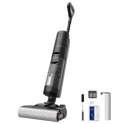 Aspirador vertical preto com acessórios e frasco de limpeza