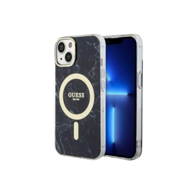 Capa para smartphone em padrão mármore preto com detalhe circular bege e texto GUESS EST.1981