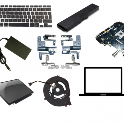 Componentes de computador incluindo teclado, bateria, placa-mãe, carregador, dobradiças, ventoinha, ecrã LCD e ícone de portátil