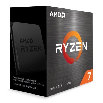 Caixa de processador AMD Ryzen 7 série 5000 com design cinza metálico e laranja