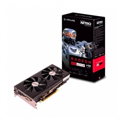 Placa gráfica preta com duas ventoinhas ao lado da caixa preta com detalhes vermelhos e texto RADEON RX 470 4GB
