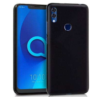 Smartphone Alcatel com capa protetora preta e ecrã azul