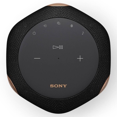 Coluna portátil preta da Sony com botões sensíveis ao toque e logo em cobre