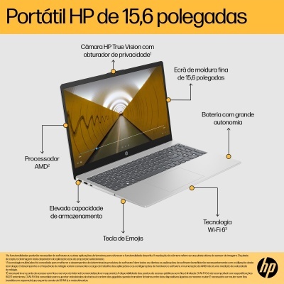 Portátil HP cinza de 15,6 polegadas com vários destaques técnicos apontados