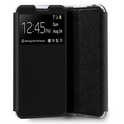 Smartphone com capa preta e ecrã digital visível