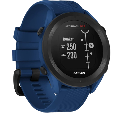 Relógio inteligente Garmin Approach S12 com pulseira azul e ecrã digital